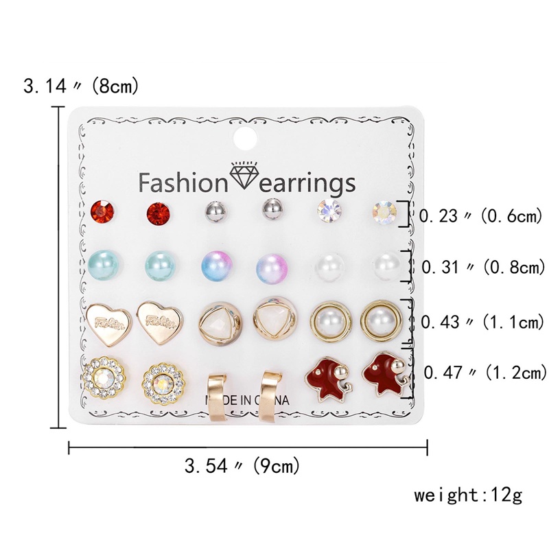 12 Pasang / Lot Anting Stud Mutiara Berlian Imitasi Bentuk Hati Bunga Matahari Bintang Untuk Wanita