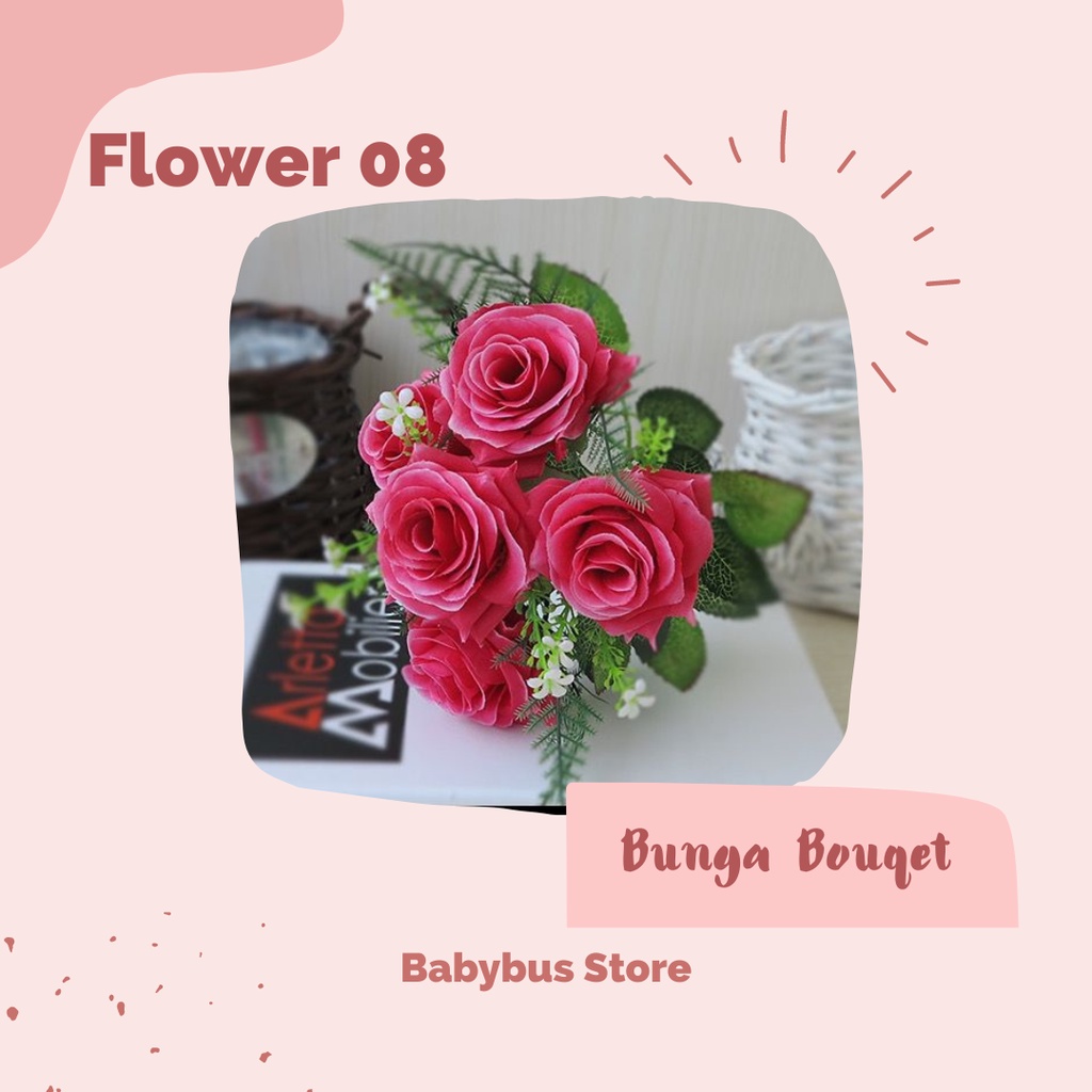 BBS FL08 (Tanpa Pot) Bunga Mawar Bouqet Tanaman Hias Artificial Bunga Tangkai Dekorasi Ruangan Import