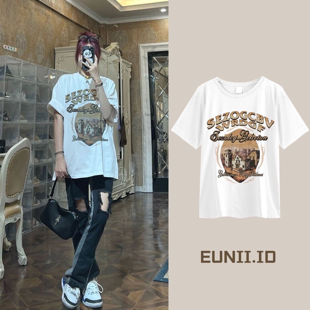 EUNII T-shirt Lengan Pendek Retro Pencetakan Longgar Korean Style/Kaos Atasan Wanita/Baju Kaus Oversize Wanita