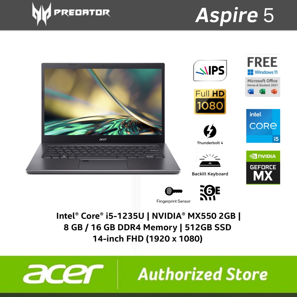 ACER Aspire 5 A514-55G i5-1235U DDR4 8GB /16GB SSD 512GB 14&quot; FHD MX550 W11 OHS