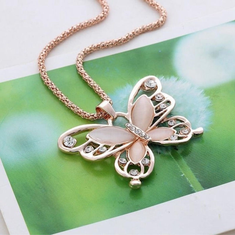 Fancyqube Fancycube Kalung Liontin Kupu-Kupu Opal Warna Rose Gold Untuk Wanita