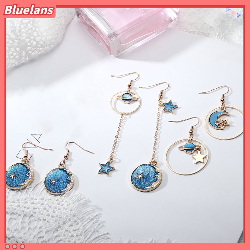 1 Pasang Anting Kait Gantung Asimetris Desain Kartun Bulan Bintang Planet Untuk Wanita