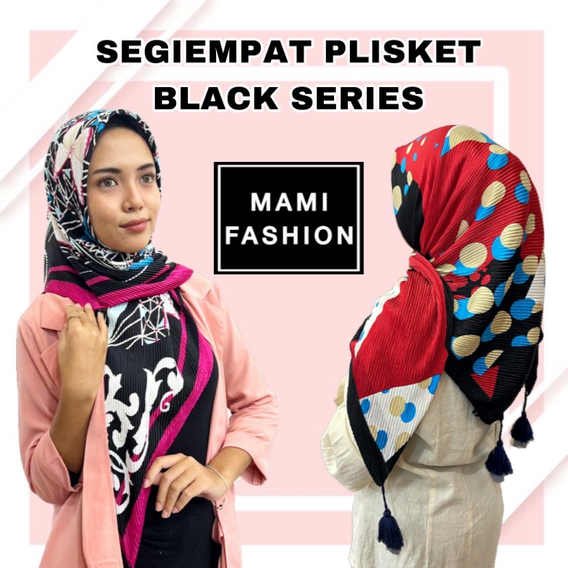 SEGIEMPAT PLISKET BLACK SERIES JAMBUL POMPOM/ Jilbab prisket/ Hijab Motif Deenay/ HIJAB MOTIF/HIJAB 