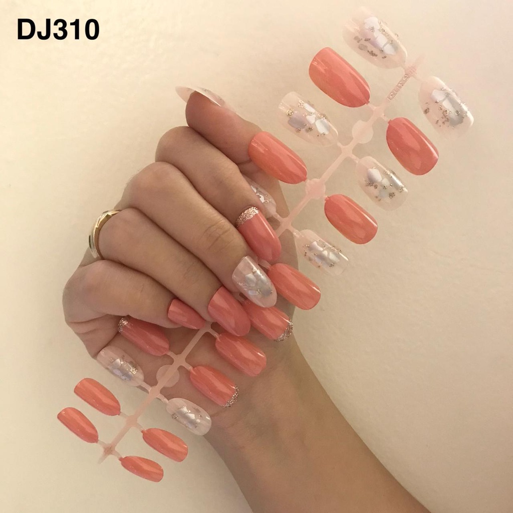 24Pcs Kuku Palsu Murah Motif DJ310 / Fake Nails Motif Gliter Glossy Nude / Nail Art Kuku Palsu