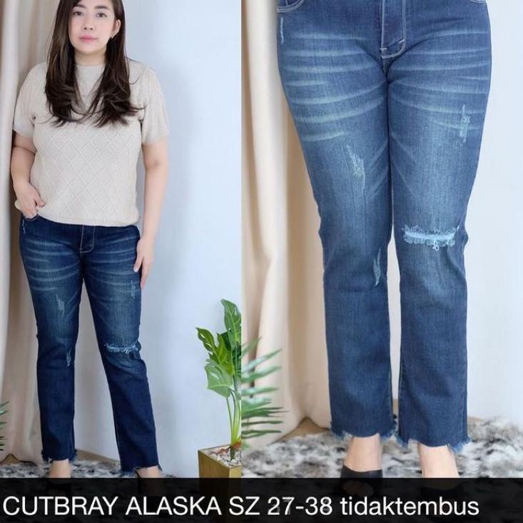 Kode9q4Pe--Celana Jeans Wanita Cutbray Alaska Ripped Sobek Tidak Tembus Cutbray Jeans Bootcut Import