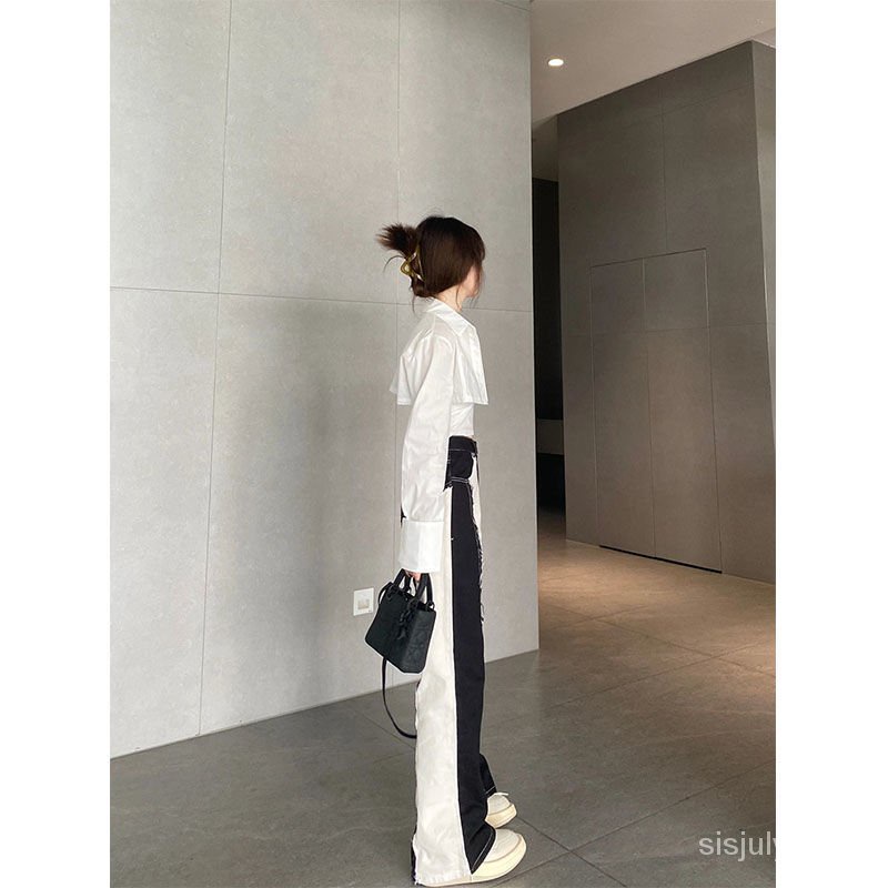 [✅BISA COD] #Sisjuly# Jeans lurus berpotongan bulu tambal sulam wanita musim gugur celana jins lurus berpinggang