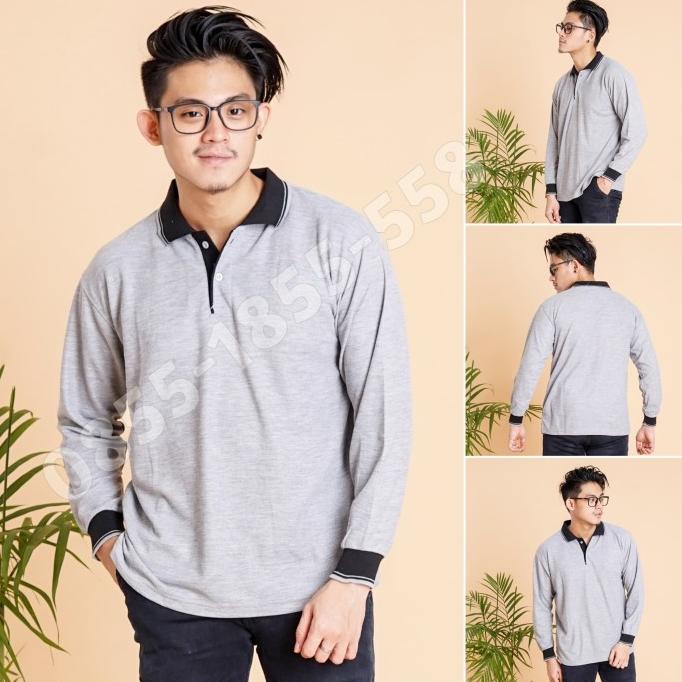 Kaos Polo Panjang Abu Kerah Hitam / Kaos Kerah Panjang