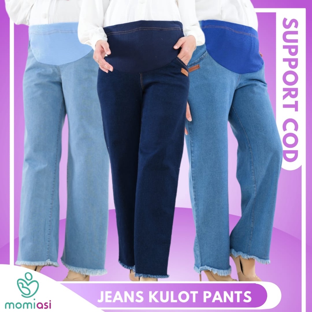 Momiasi - Celana Hamil Jeans Kulot Rawis Denim Strech Panjang Jumbo Wanita Bumil Maternity Pants Premium