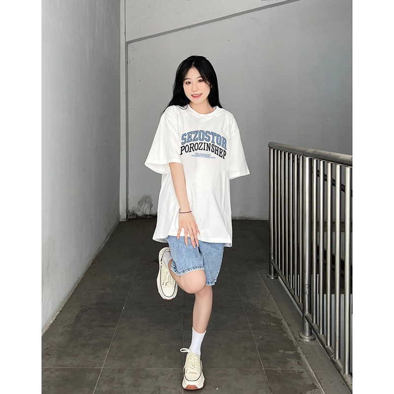 EUNII T-shirt Lengan Pendek Design sense English Korean Style/Kaos Atasan Wanita/Baju Kaus Oversize Wanita