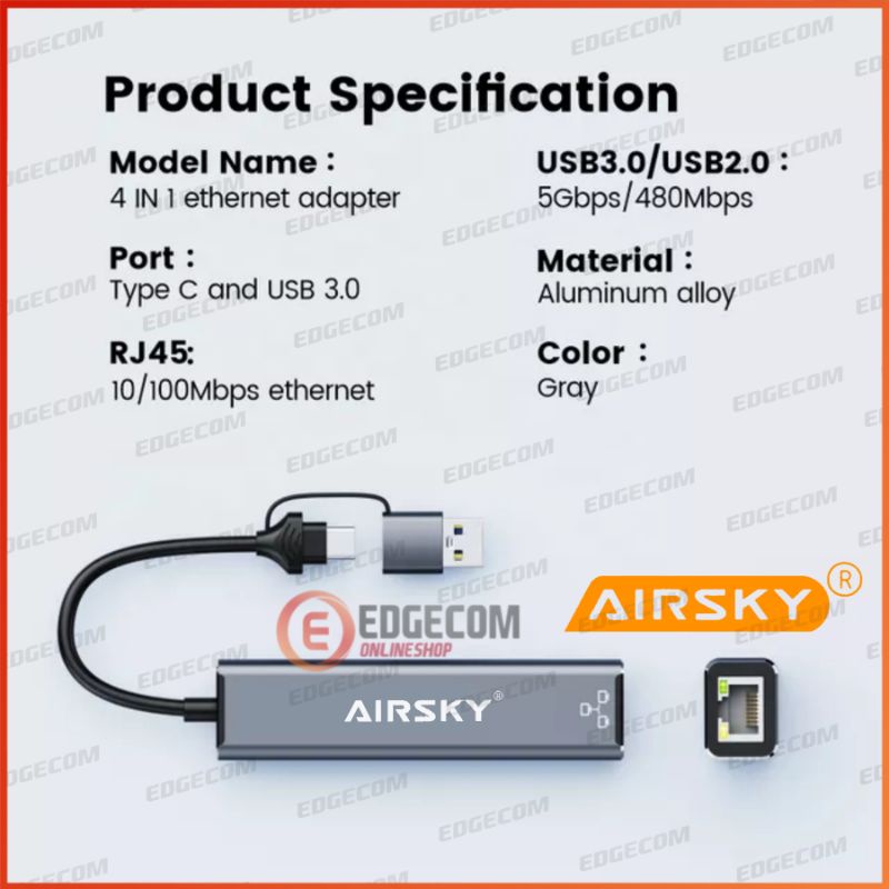 USB 3.0 / TYPE C to HUB USB 3 Port + Ethernet Lan 10/100Mbps AIRSKY