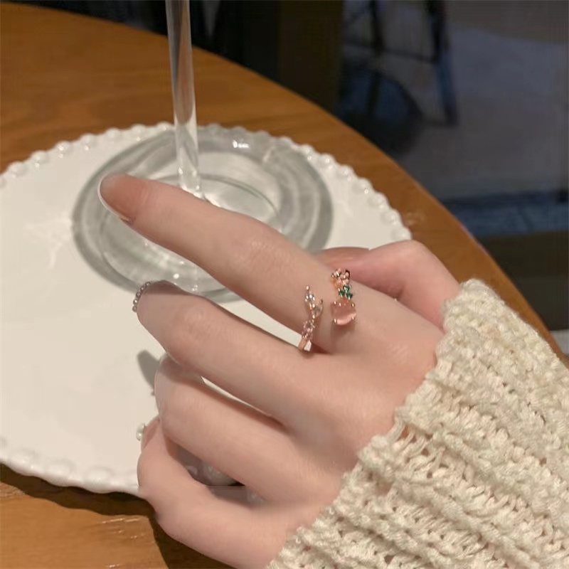 【COD Tangding】Cincin Susun Gaya Korea Desain Hati Hias Opal Pinkmutiaraberlian Imitasi Untuk Wanita