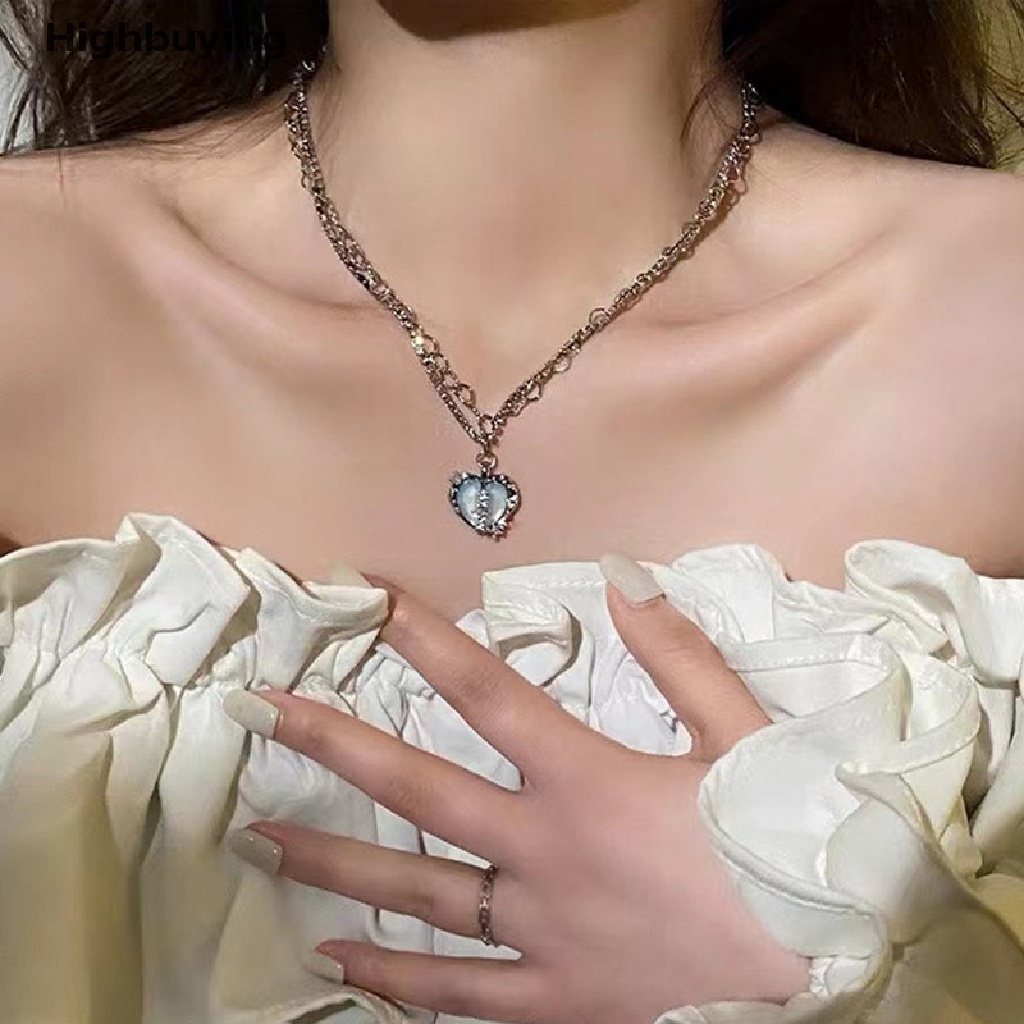 Kalung Multilayer Liontin Hati Opal Mutiara Bahan Logam Warna Silver Gaya Korea Untuk Wanita Glory