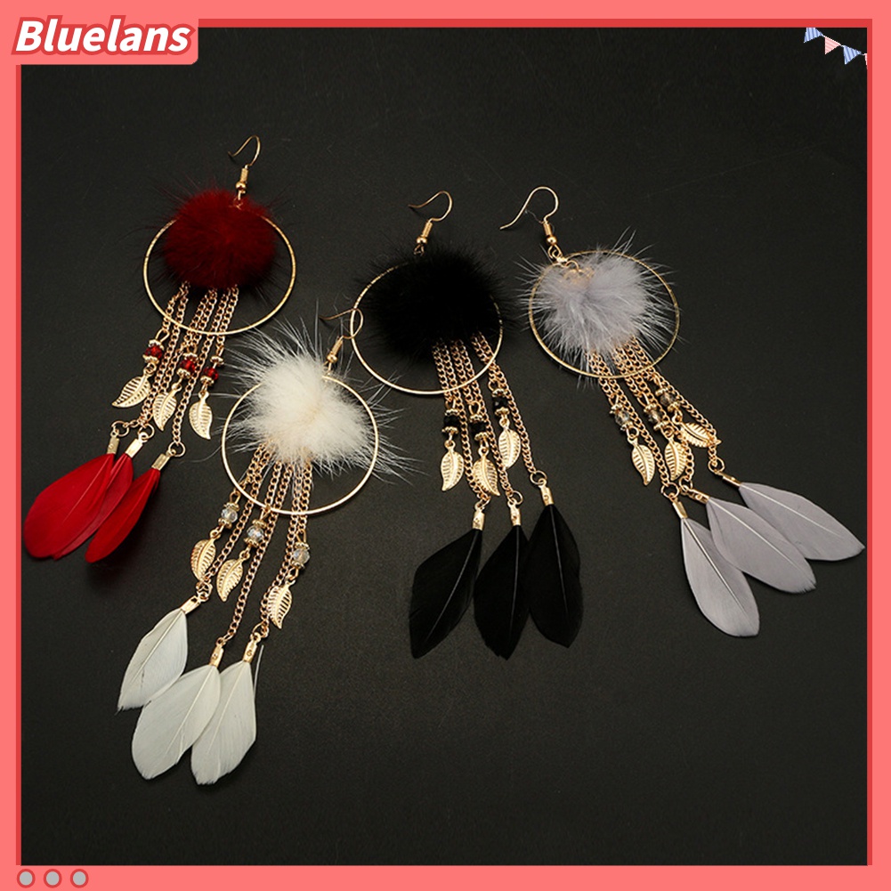 Anting Kait Gantung Panjang Desain Daun + Bulu Untuk Wanita