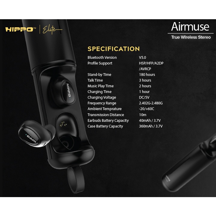 Hippo Elite TWS Airmuse Bluetooth 5.0 True Wireless Stereo HiFi Sound Volume Control With Mic Earbuds Earphone