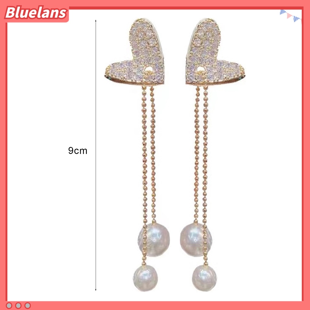 Anting Rumbai Panjang Bentuk Hati Aksen Berlian Imitasi Untuk Wanita