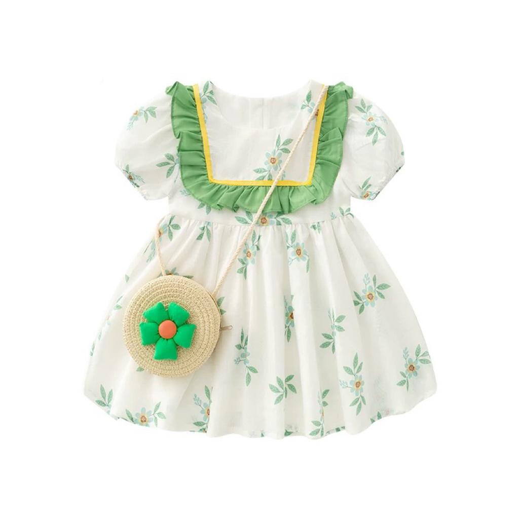 Dress Anak Perempuan Korean Style Kerah Renda Bunga Hijo/Ungu Puff