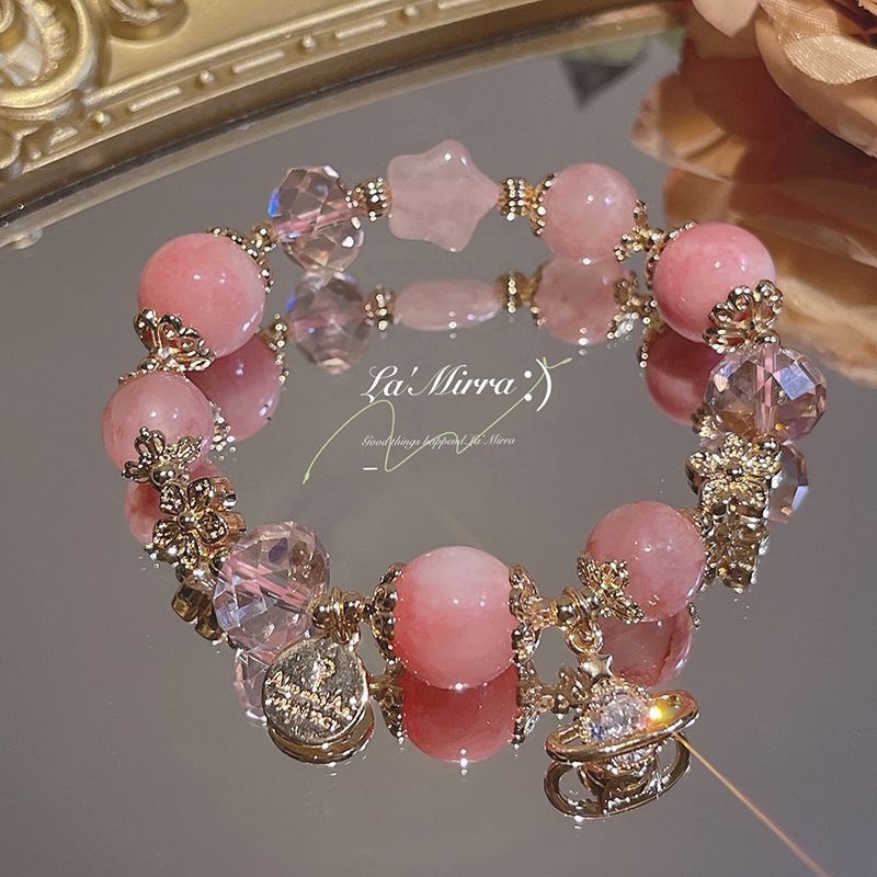 Gelang Manik-Manik Kristal Giok Hetian Alami Warna Pink Strawberry Untuk Wanita