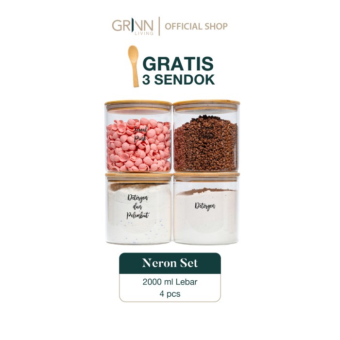 Set Paket* Grinn Living Neron Glass Jar 2000 Ml Toples Beras Kayu