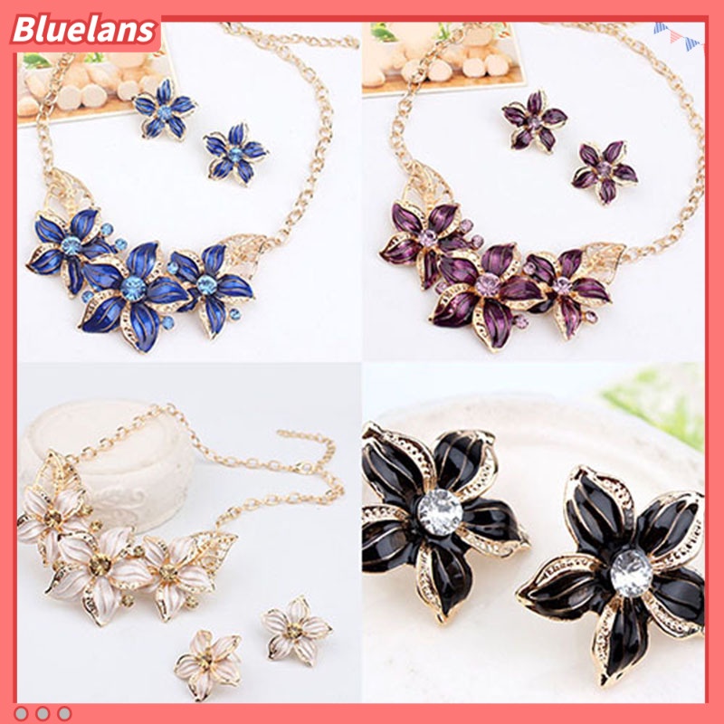 Bluelans Fashion Women Rhinestone Flower Statement Pendant Necklace Earrings Jewelry Set