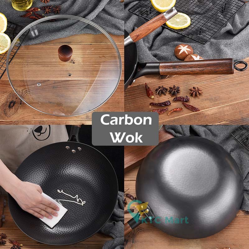 Carbon Wok Pan HoneyComb 32 CM + Tutup Kaca Wajan Hitam Kuali Hitam Anti lengket Kuali Anti Gores