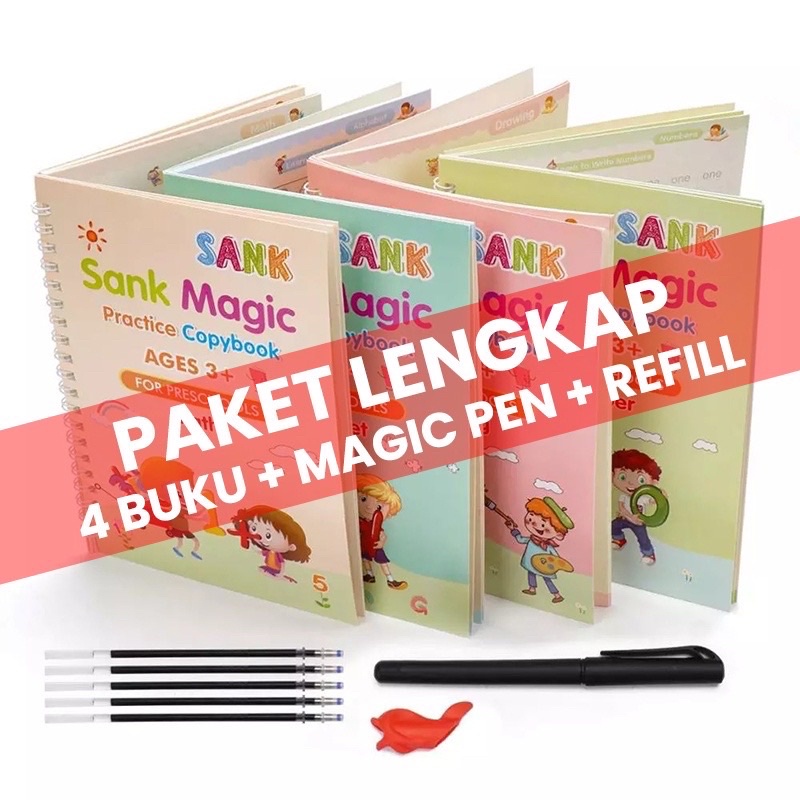TERMURAH set book 4in1 buku belajar anak PAUD / sank magic book 4 books with pen free reffills / magic sank book / buku ajaib / buku import