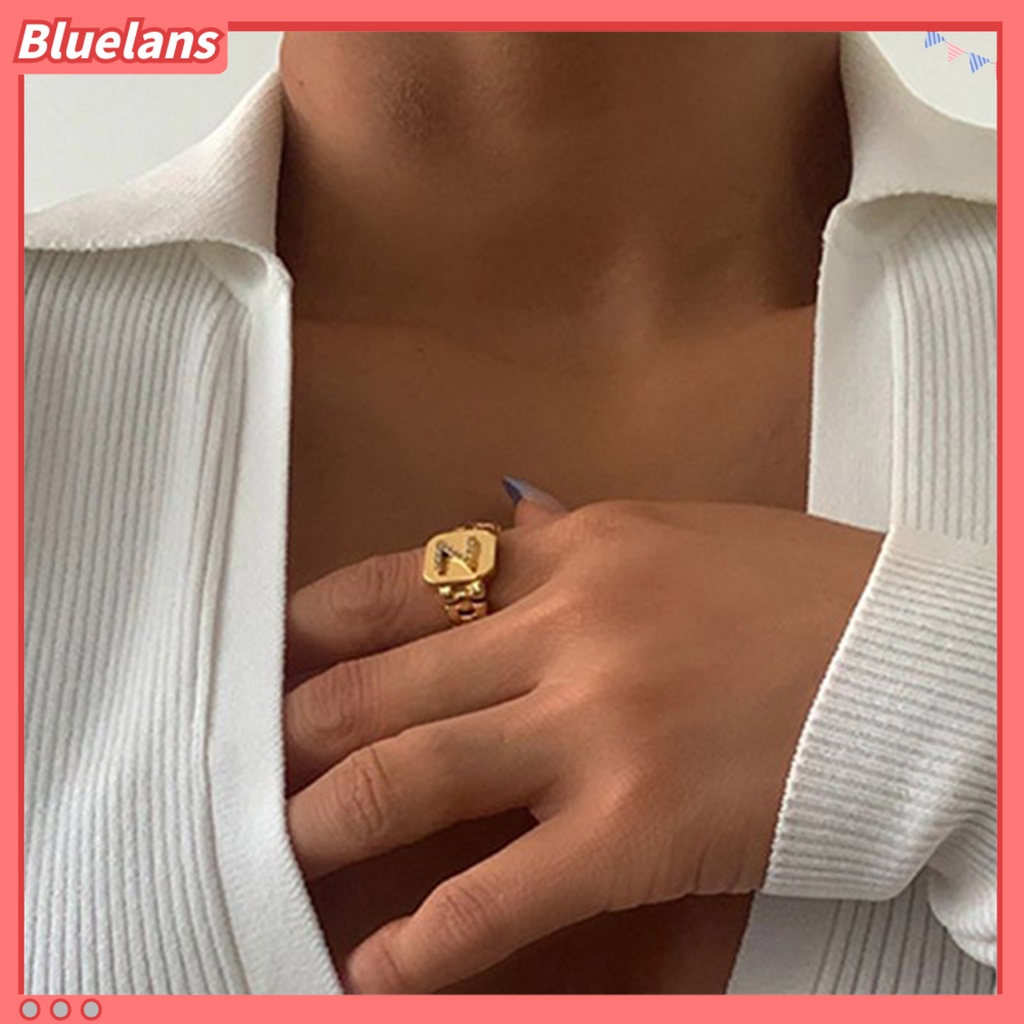 Bluelans Cincin Model Terbuka Adjustable Desain 26 Huruf Aksen Berlian Imitasi Untuk Unisex