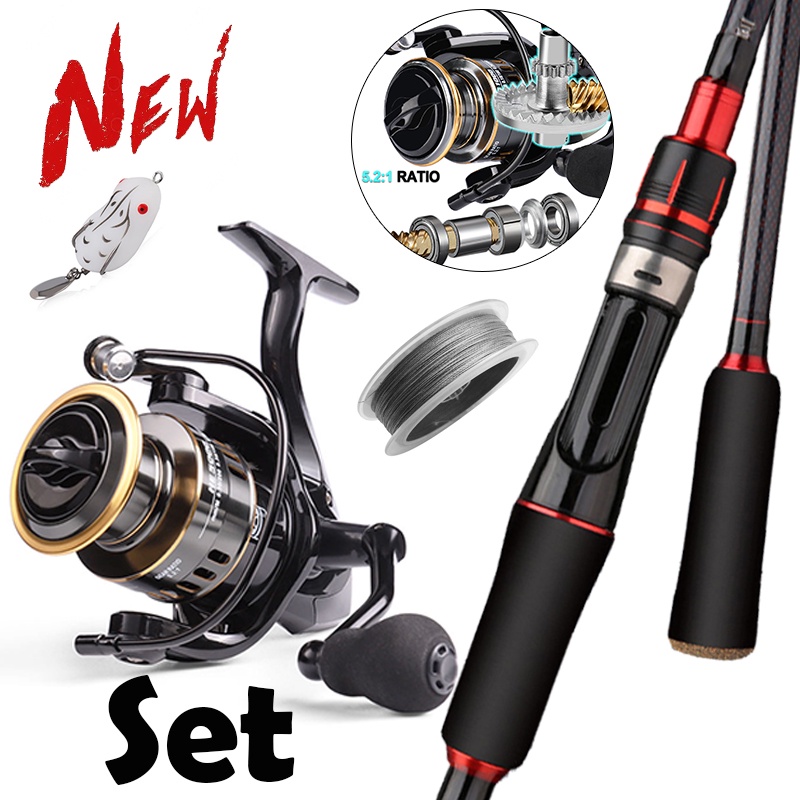 Spinning Fishing Rod 1.65-2.1M Berongga Joran Pancing Set Reel Pancing Gulungan Pancing Pancingan Set Max Drag : 10kg Lengkap 2 Bagian 12BB 5.2:1 untuk Air Tawar