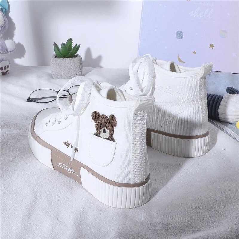 Sepatu Sneakers Korea Why Bear Putih Coklat Tinggi Import / Sepatu Kanvas Wanita Korean Styles Women Fashion