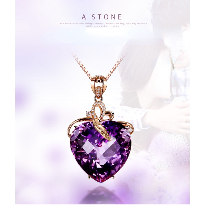 Goldkingdom Perhiasan Fashion 24K Bangkok Aksesoris Ready Stock Berbentuk Hati Amethyst Liontin Emas Asli Kadar 375 18K Berwarna Batu Permata Amethyst Kalung Untuk Wanita