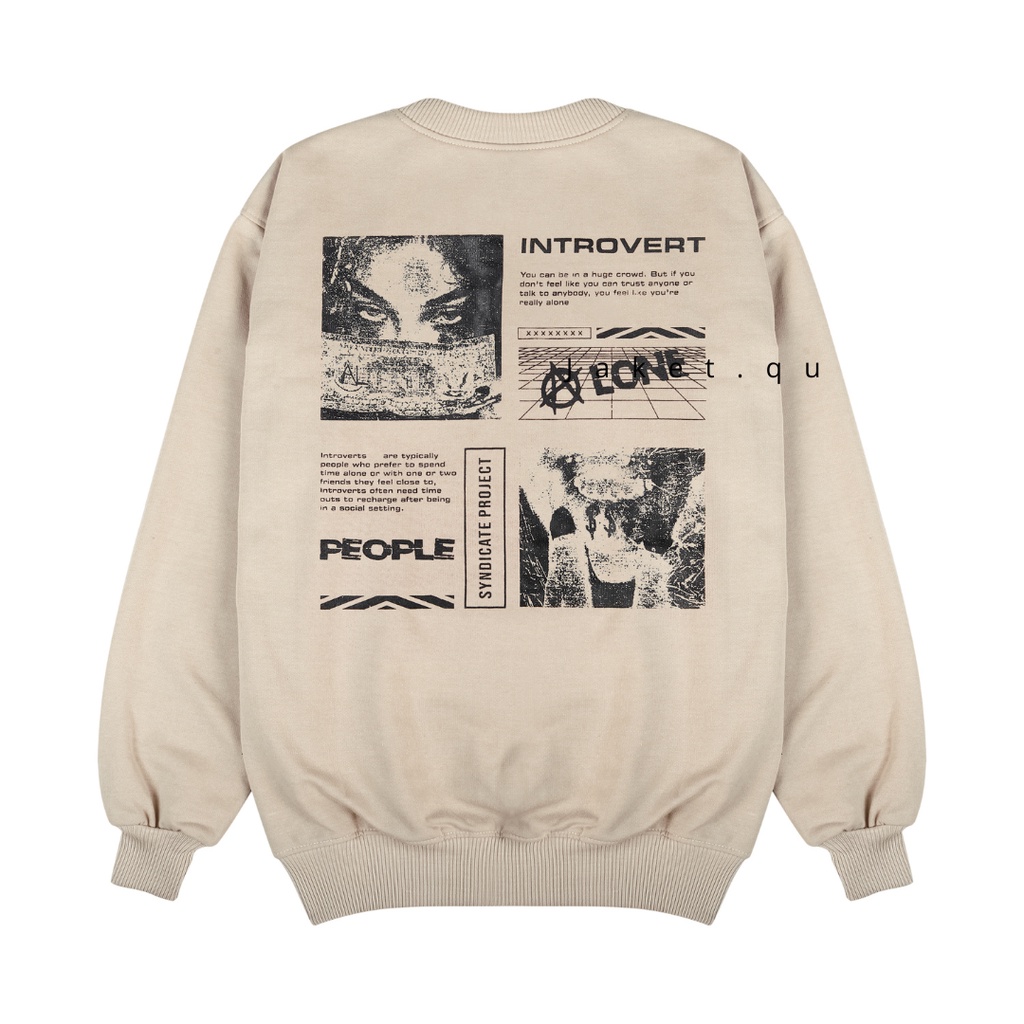 Sweater Crewneck Pria Wanita Bahan Fleece Warna Cream Motif People