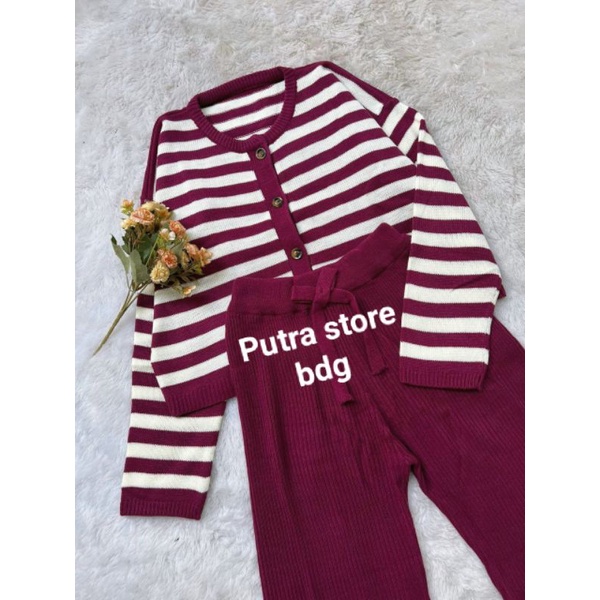 One set Tiara crop Cardi strip + Kulot rajut premium