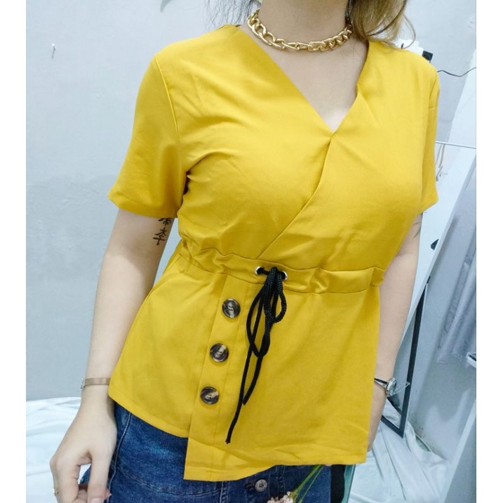 Cherry_ atasan blouse serut variasi kancing hidup bahan Polyester