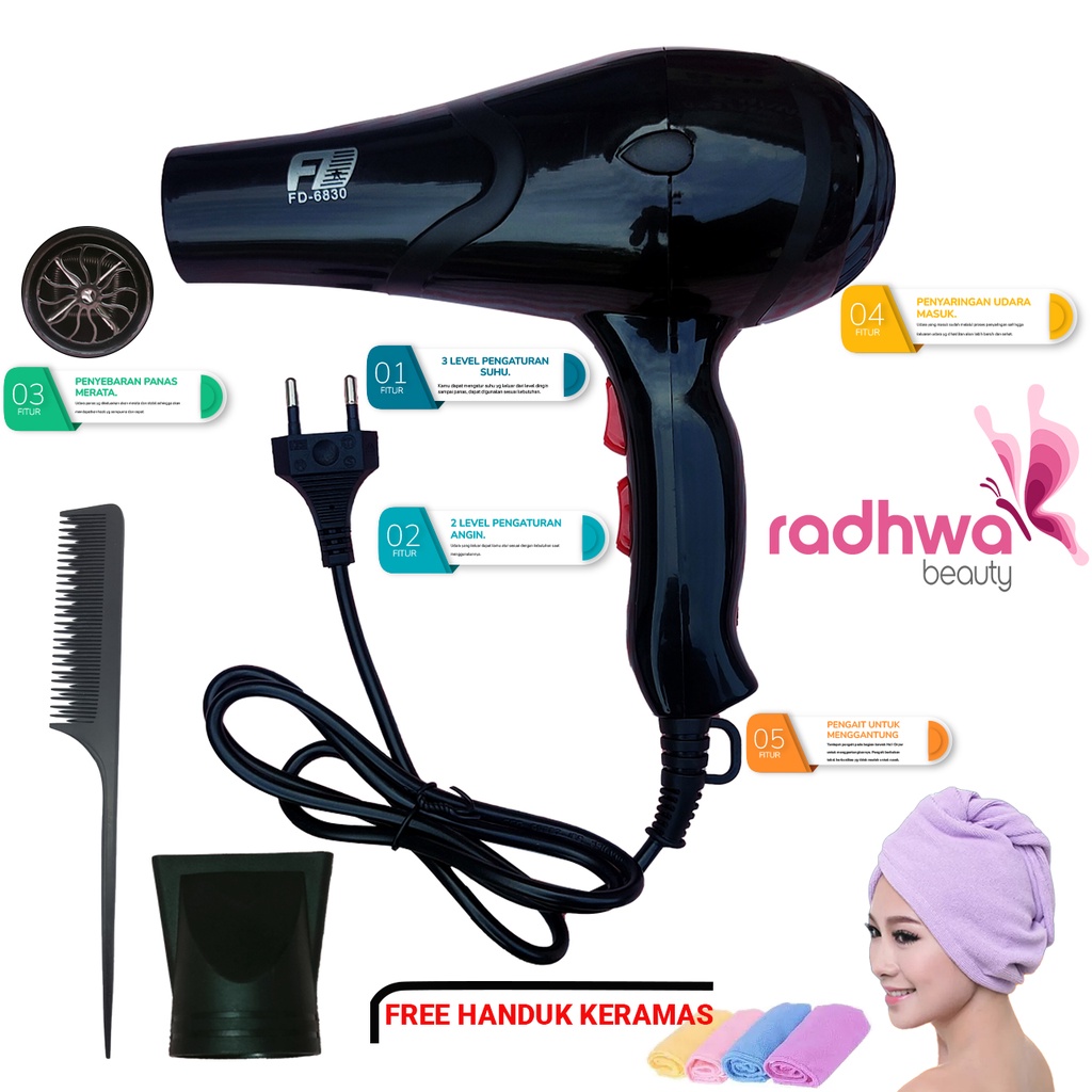 Hair Dryer FD - 6830 Smart Hair Dryer 500W Pengering Rambut Profesional Anti Ribet