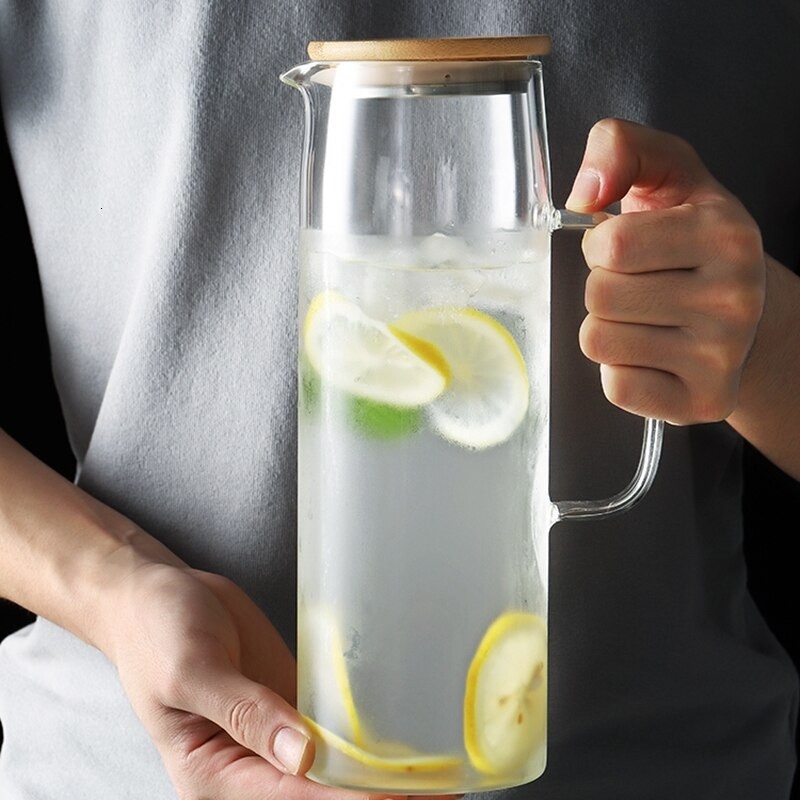 Teko Pitcher Jug Kaca Tahan Panas dengan Tutup Kayu / Teko Tempat  Minuman Bahan Kaca Tahan Panas