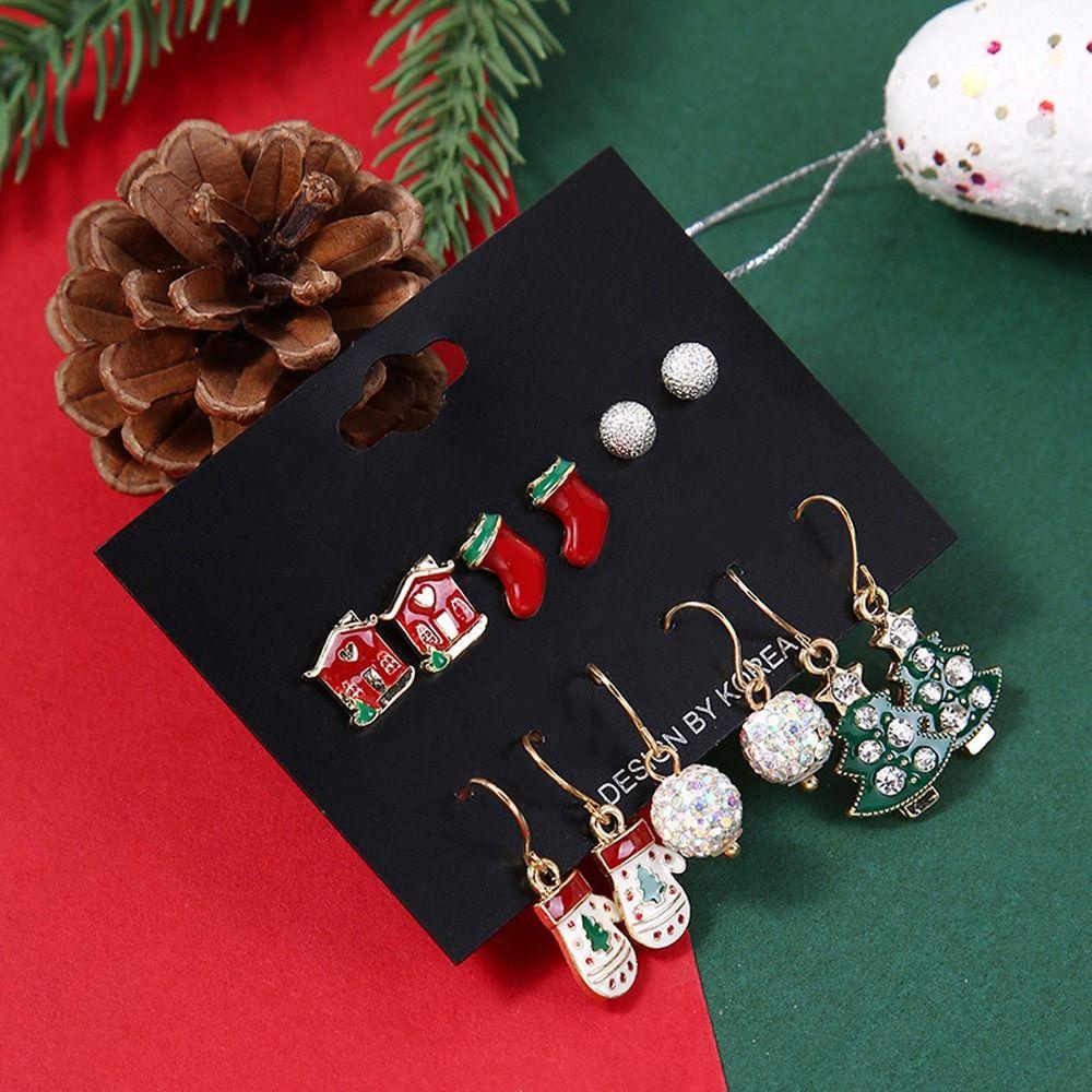 Mxbeauty Set Anting Natal Warna-Warni Berlian Imitasi ELK Perempuan Snowman Ear Stud Bell Perhiasan Fashion