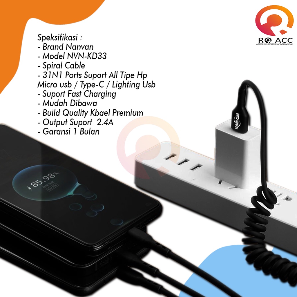 [RO ACC] NVN-KD33 NANVAN 3IN1 SPIRAL KABEL DATA CHARGER FAST CHARGING ORIGINAL