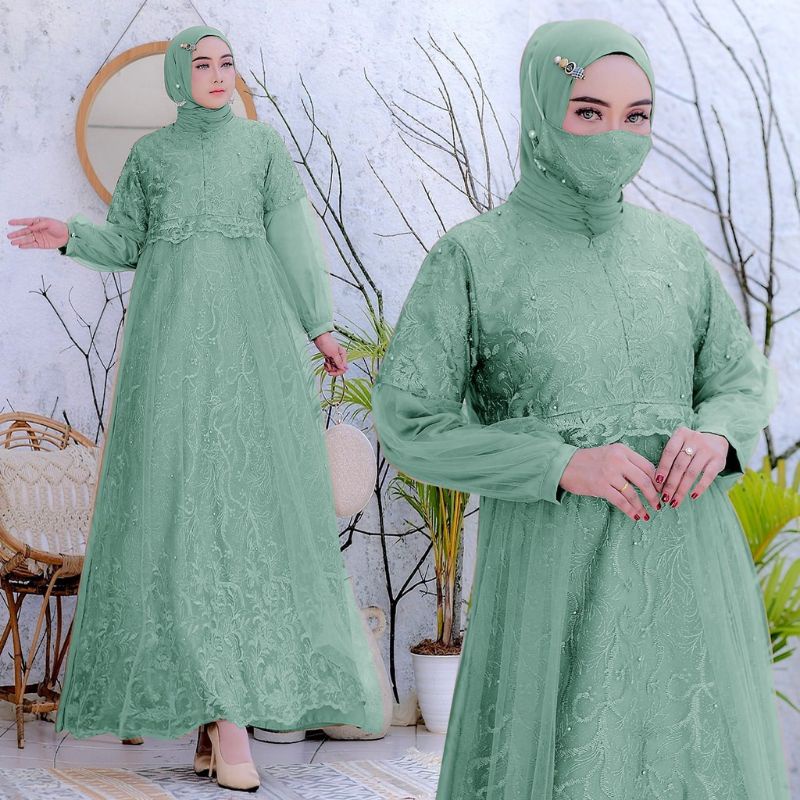 Baju Gamis BUSUI FREE Masker Brukat Brokat Tile Mutiara Remaja Wanita Perempuan Ibu Muslim Ukuran S 