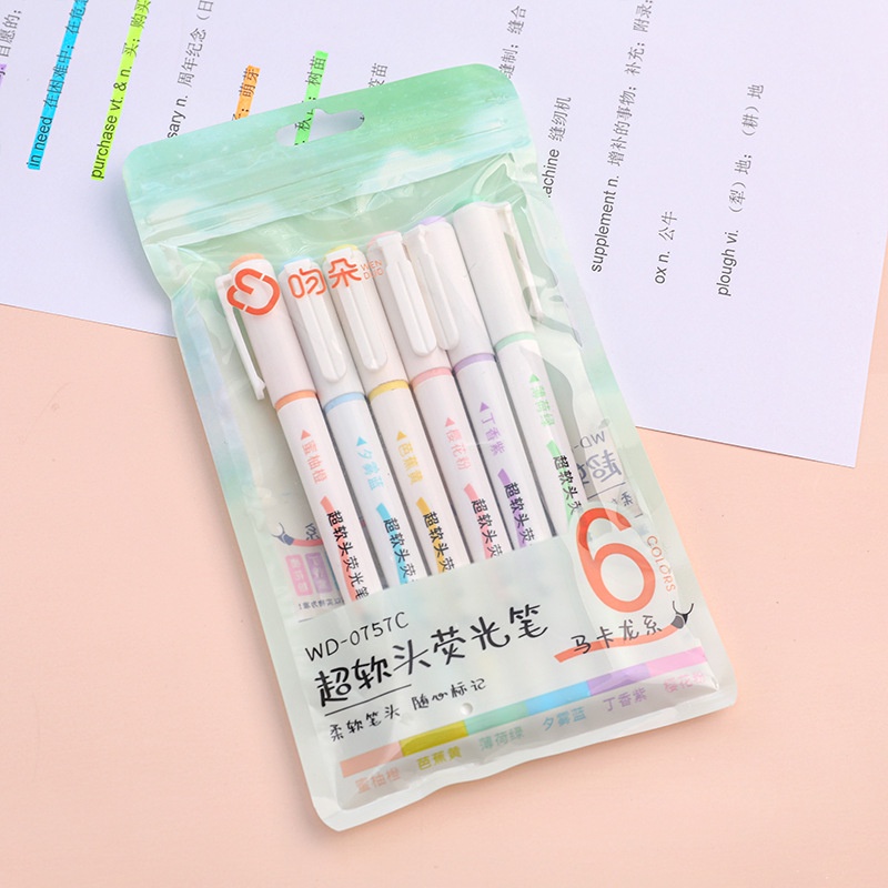 6pcs/pack Multicolor Soft Head Fluorescent Pen Student Key Point Marking Pen Alat Tulis Kantor Sekolah Supply