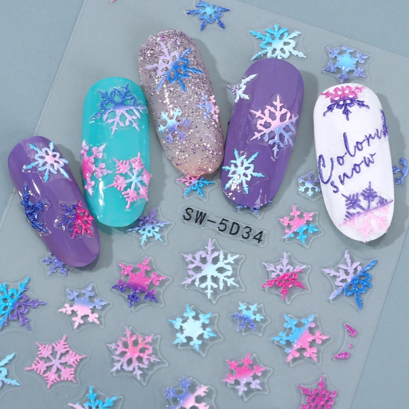 1 Lembar Stiker Kuku 5D Motif Snowflake Santa Claus Warna-Warni Tahan Air Untuk Dekorasi Nail Art