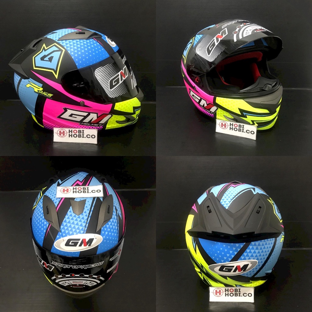 HELM FULL FACE GM RACE PRO MOTIF FLASH BLACK PINK DOFF VISOR SINGLE DARK SMOKE