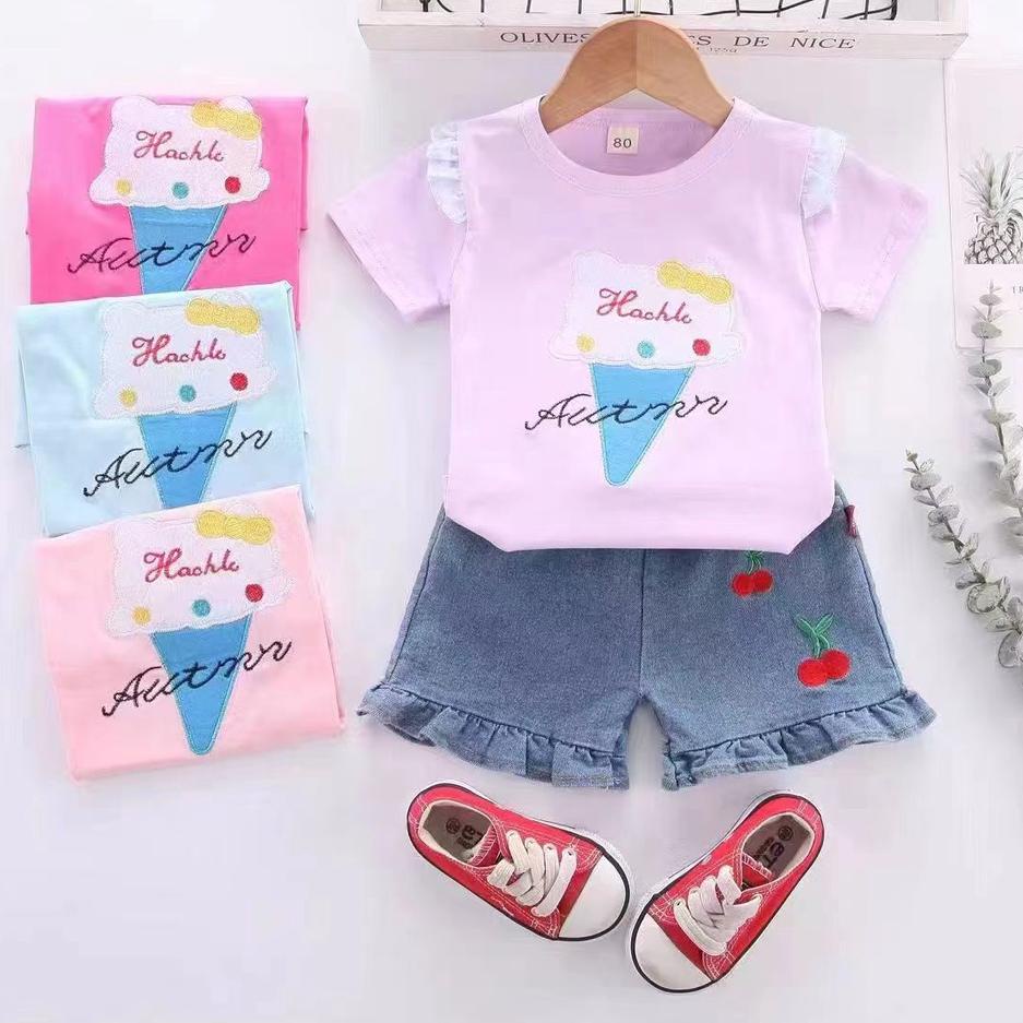 Ready Setelan Kaos Anak Perempuan 1-4Tahun Realpict Baju Kaos Celana Jeans Import Original Pendek GR