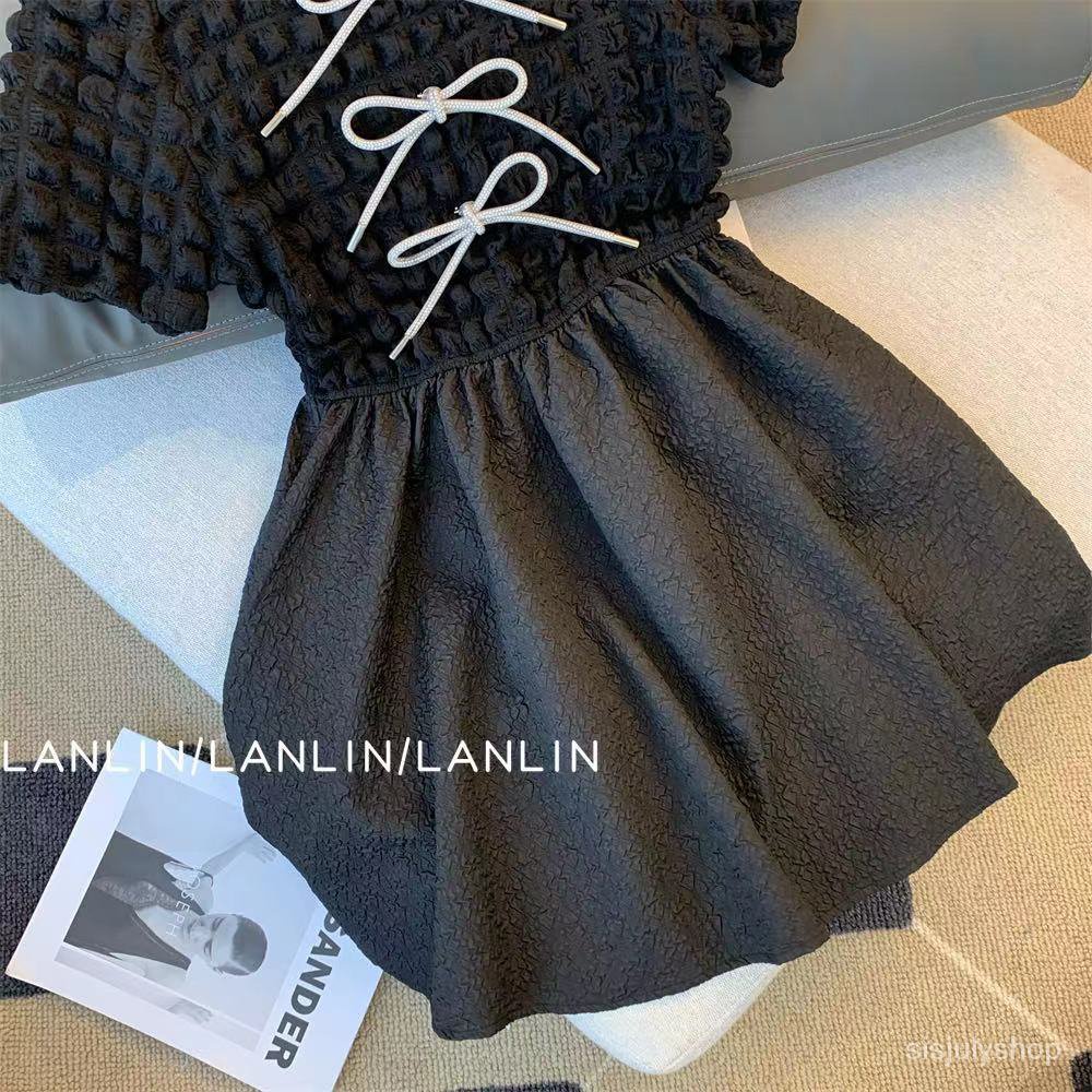 #Sisjuly# Gaun hitam wanita musim panas rok pinggang rasa tinggi Prancis baru