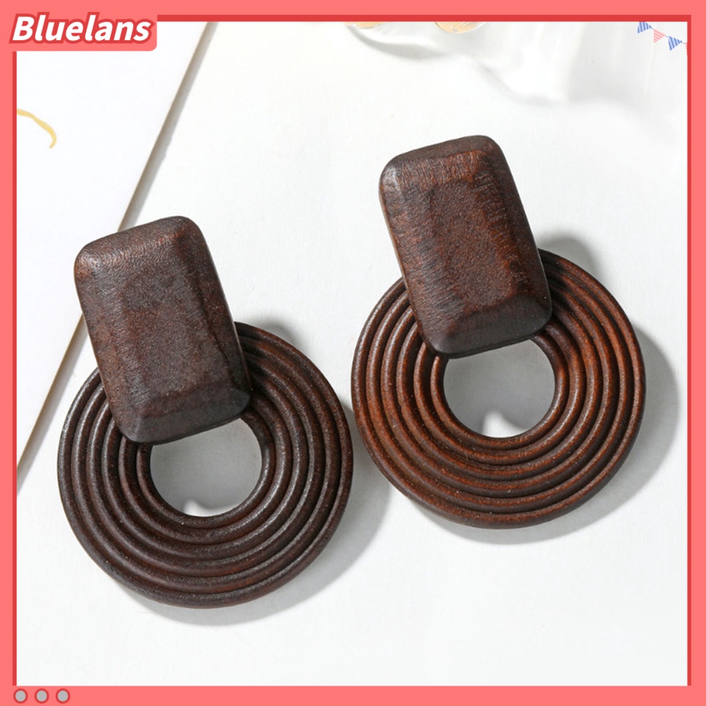 Bluelans Anting Stud Bentuk Geometris Bahan Kayu Gaya Vintage Untuk Wanita