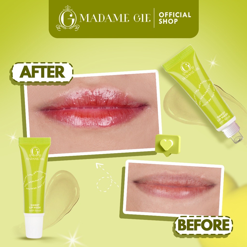 MADAME GIE Sweet Lip Mask Matcha Indonesia / With Scrub 10g / Lip Scrub Vitamin E Lip Balm Moisturizer Serum Pencerah Bibir / Hidrasi Nutrisi Lembut Halus Lembab / Skincare Lip Care Lipstick Lipstik Masker / Treatment Perawatan Series / Coffee Watermelon