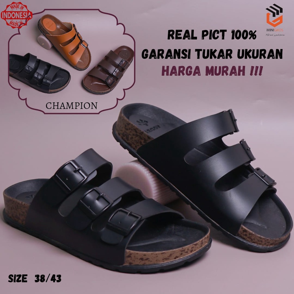 Brody CHAMPION  Sandal Slop Pria Casual Sendal Slide Cowok Bahan Kulit Sol Puyuh Karet Birken Kekinian