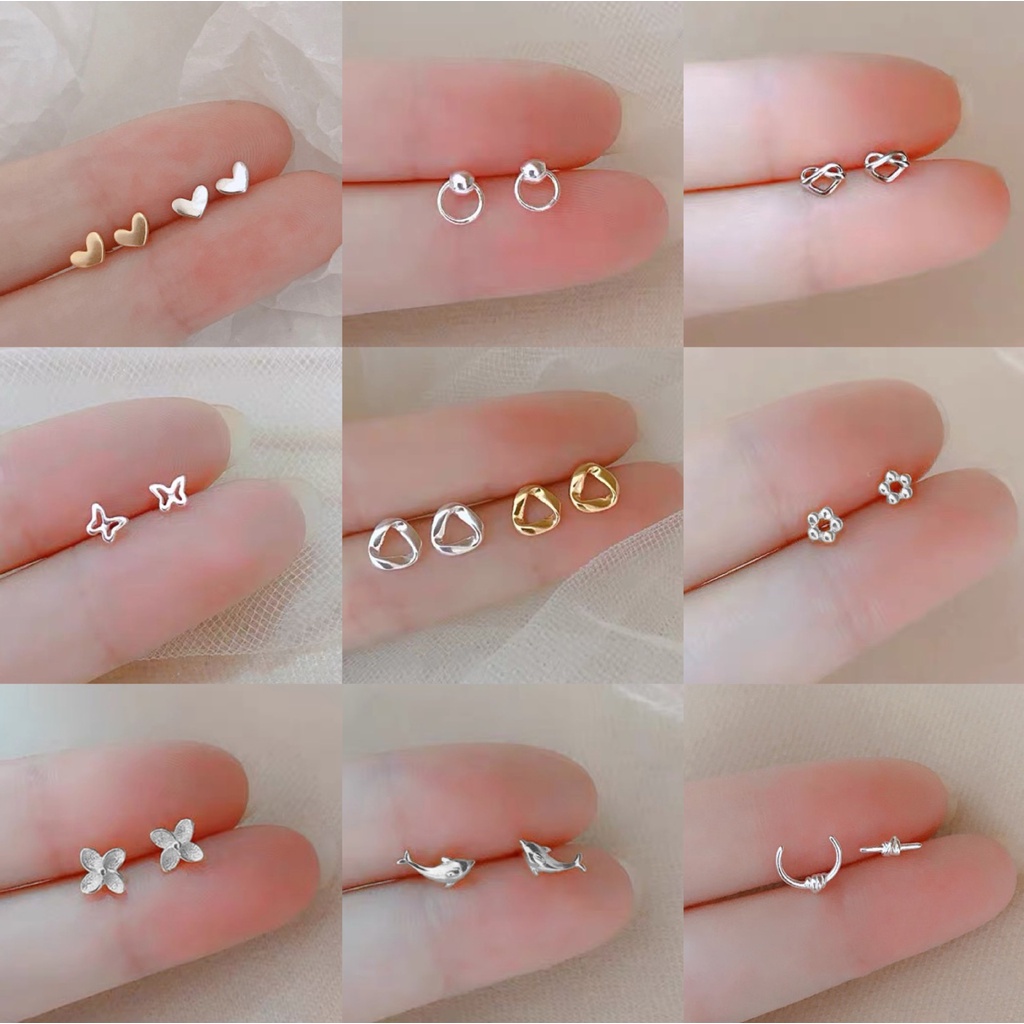 1 Pasang Anting Korea Wanita Mini S925 Silver Anting Stud Murah untuk Siswa Perempuan Anting set anti alergi Emas Baja Titanium Earrings Asesoris Wanita -Doo