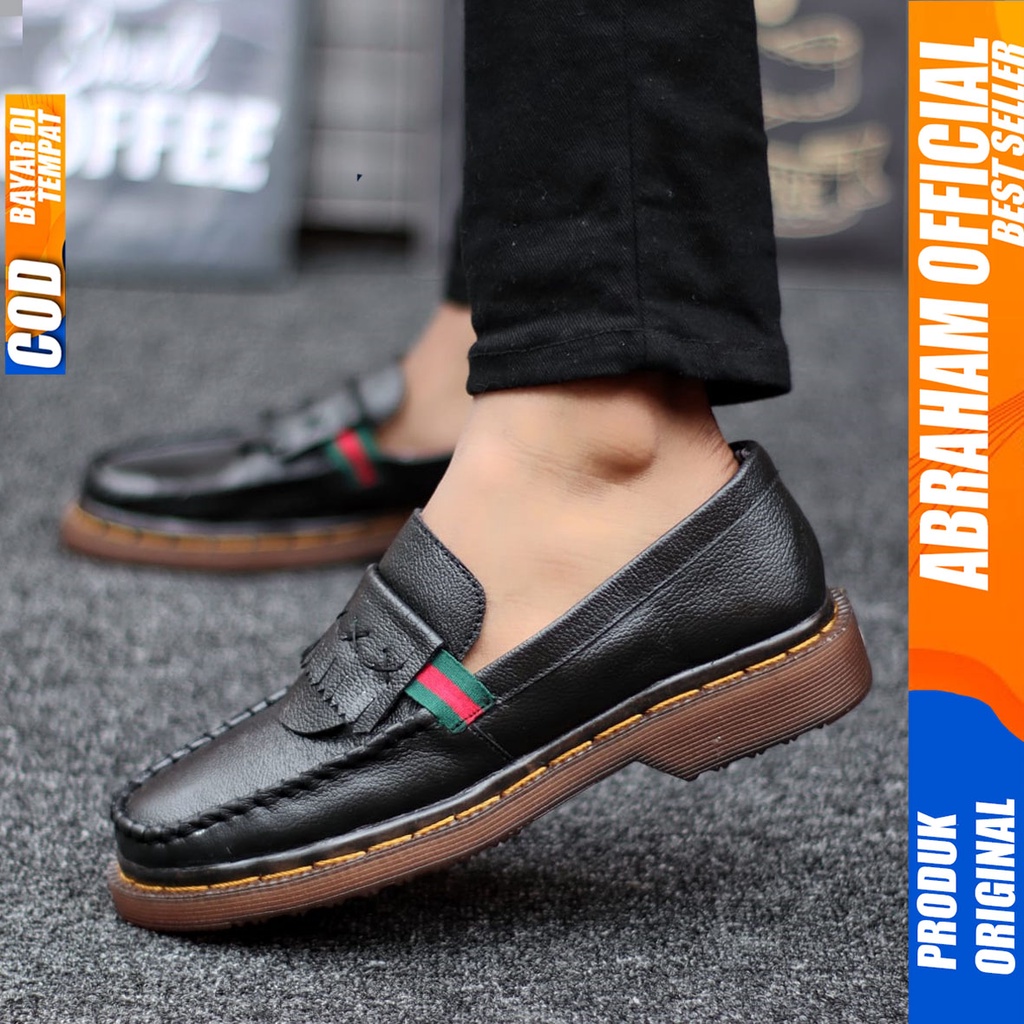 Sepatu Formal Loafer Low Boots Docmart Kulit Asli Hitam Kerja Pria Abraham Vidoc