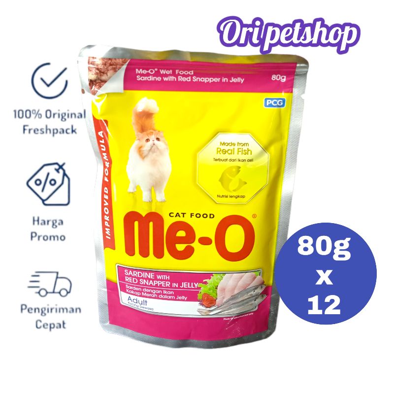 (12 pouch) Meo Pouch Sachet 80gr Me-o Wet Cat Food - Sardine With Red Snaper In Jelly