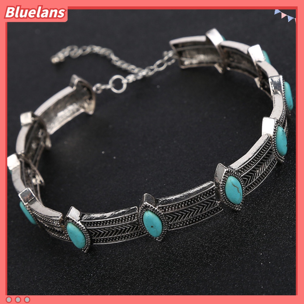 Kalung Choker Gaya Vintage Bohemian Aksen Turquoise Imitasi Untuk Wanita