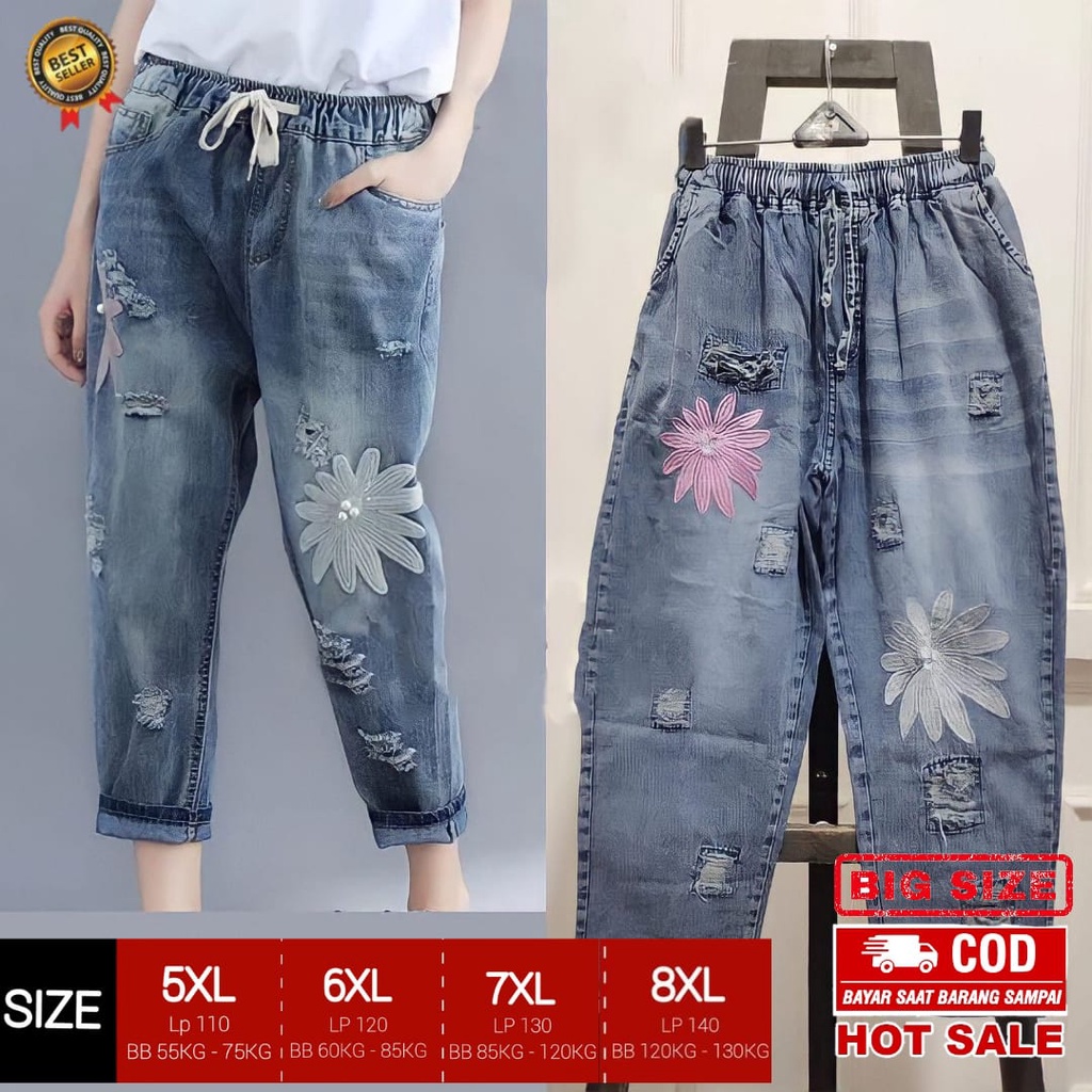 Celana Jumbo Ripped Flowy Big Size Bahan Denim Muat BB 120 KG Celana Jumbo Wanita